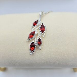 Silvertone Leaf Pendant with Red Rhinestones • Spring Clasp • New w/o Tags